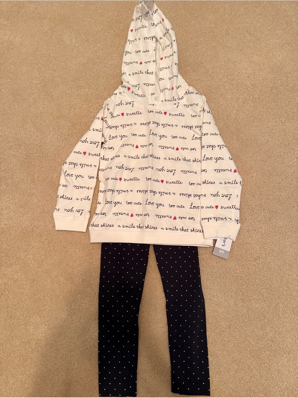 NWT Carter's Cream Hoodie and Navy Polka Dot Leggings Set. SIZE 4-5
